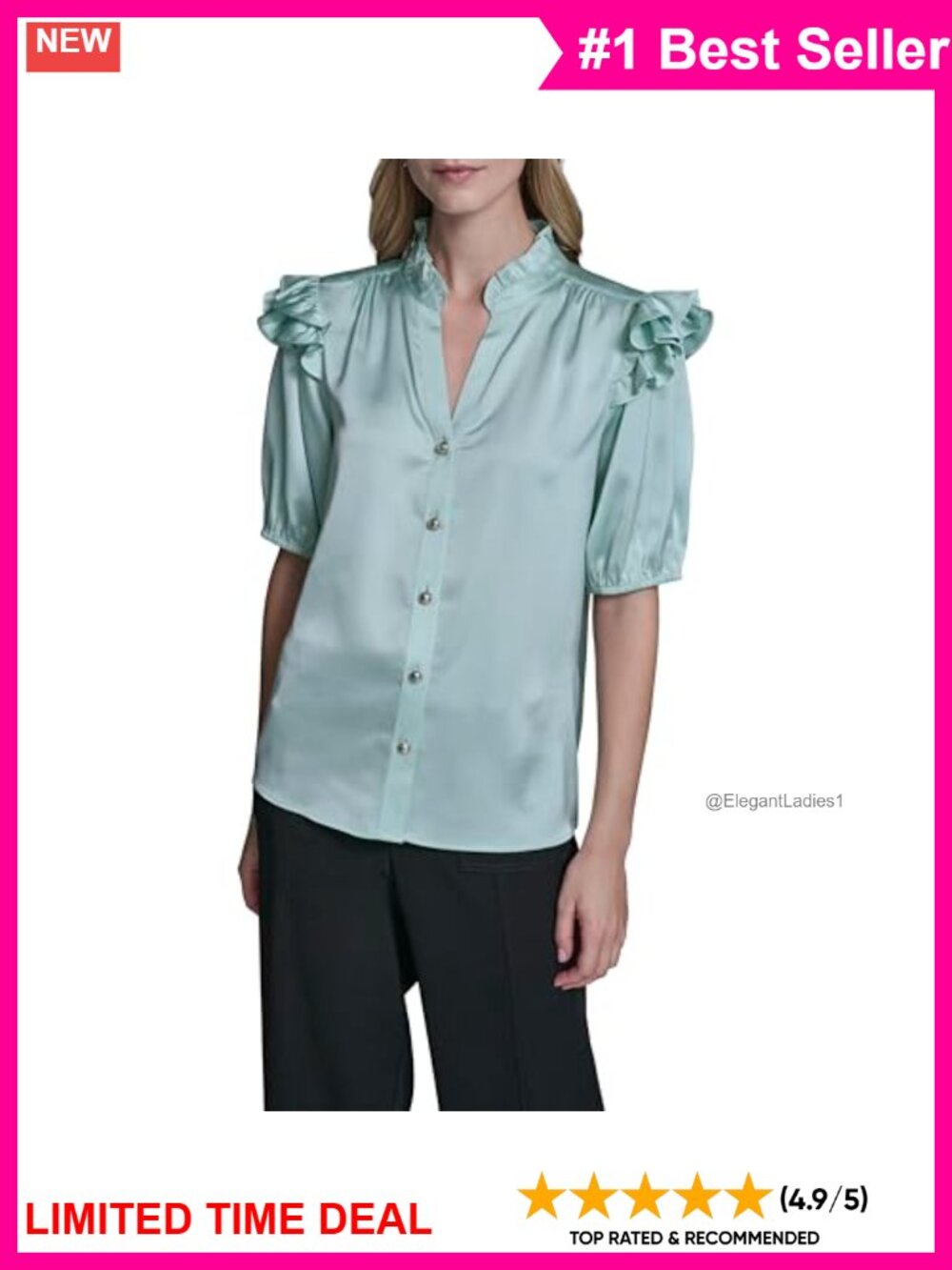 Short Sleeve Crew Neck Button Down Ruffle Sleeve Blouse